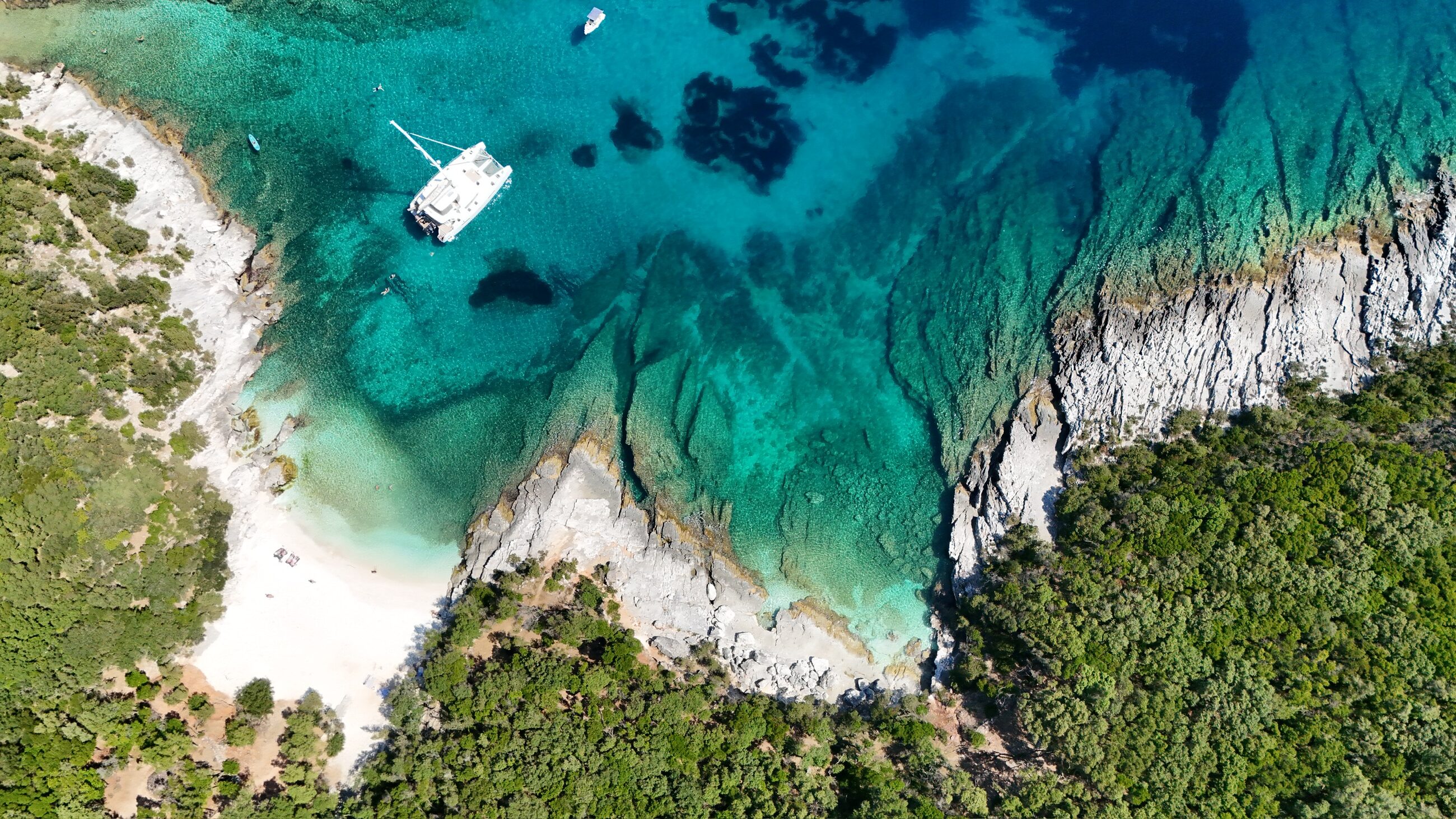 Top-down aerial of a catamaran anchored in a clear turquoise cove beside a white pebble beach and pine-covered rocks