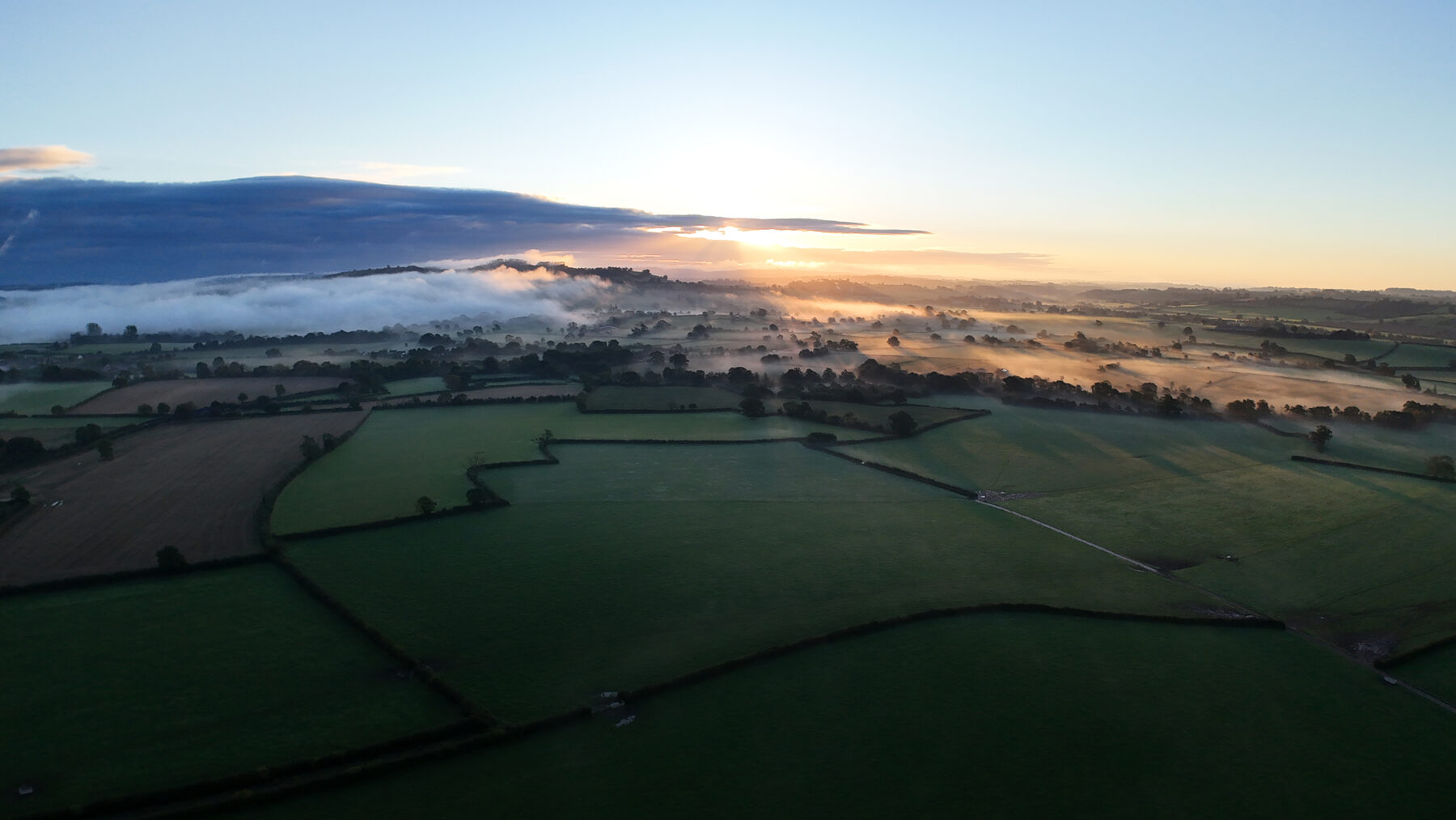 Sunrise aerial of mist lying over a patchwork of English fields